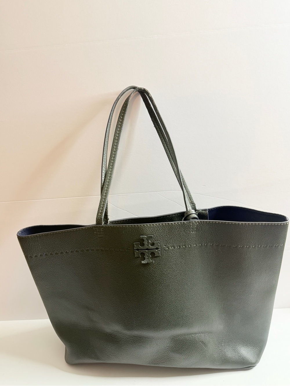 Tory Burch Olive Green Leather Tote with Logo